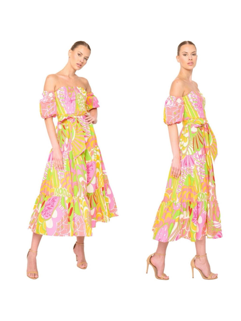Flora Bea Oly Tropicana Off The Shoulder Puff Sleeve Poplin Cotton Dress S NWT
